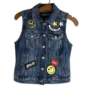 Express Jeans Denim Vest Size XS Button Front Patches Cotton Blend Blue New